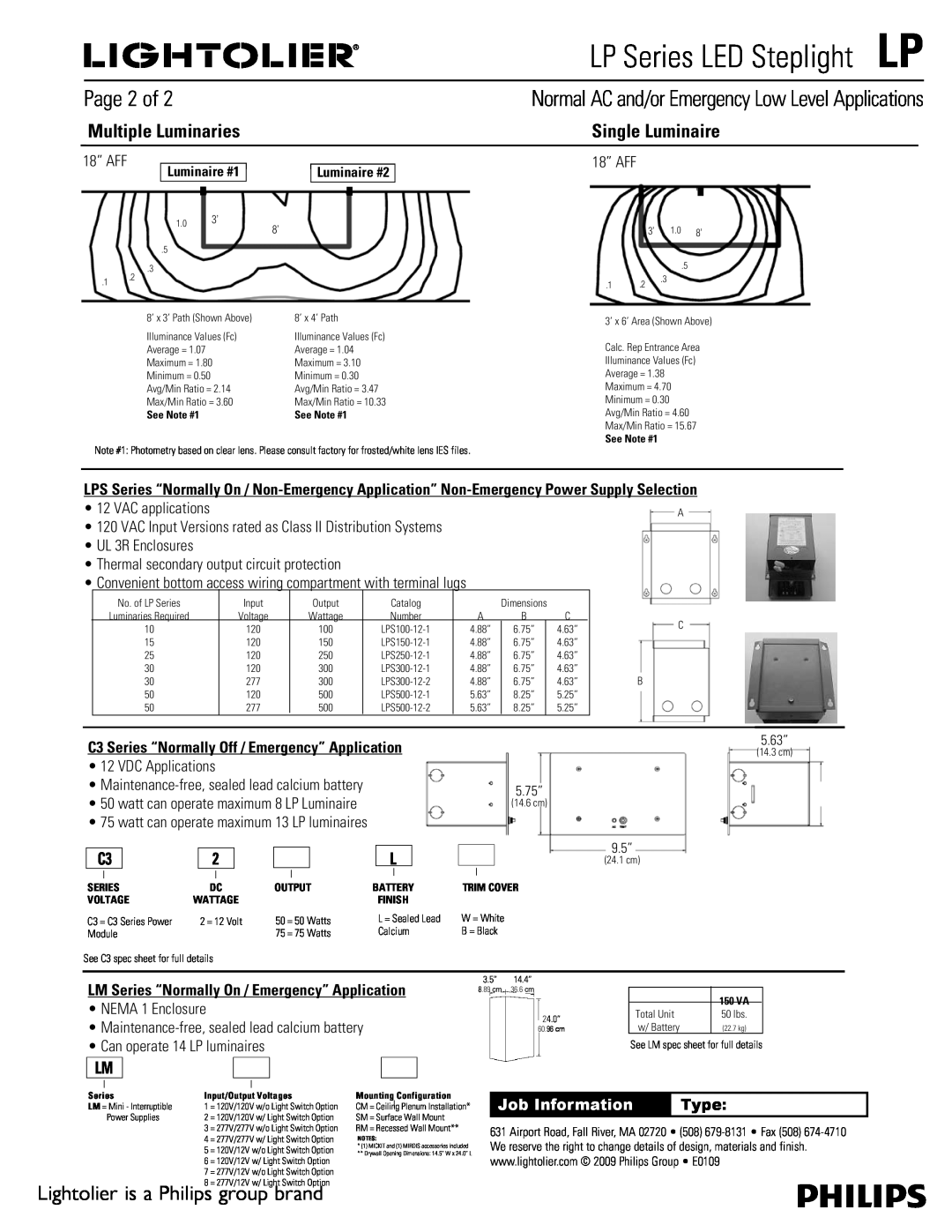 Lightolier LP Series Job Information Type, LP Series LED SteplightLP, Page 2 of, Lightolier is a Philips group brand 